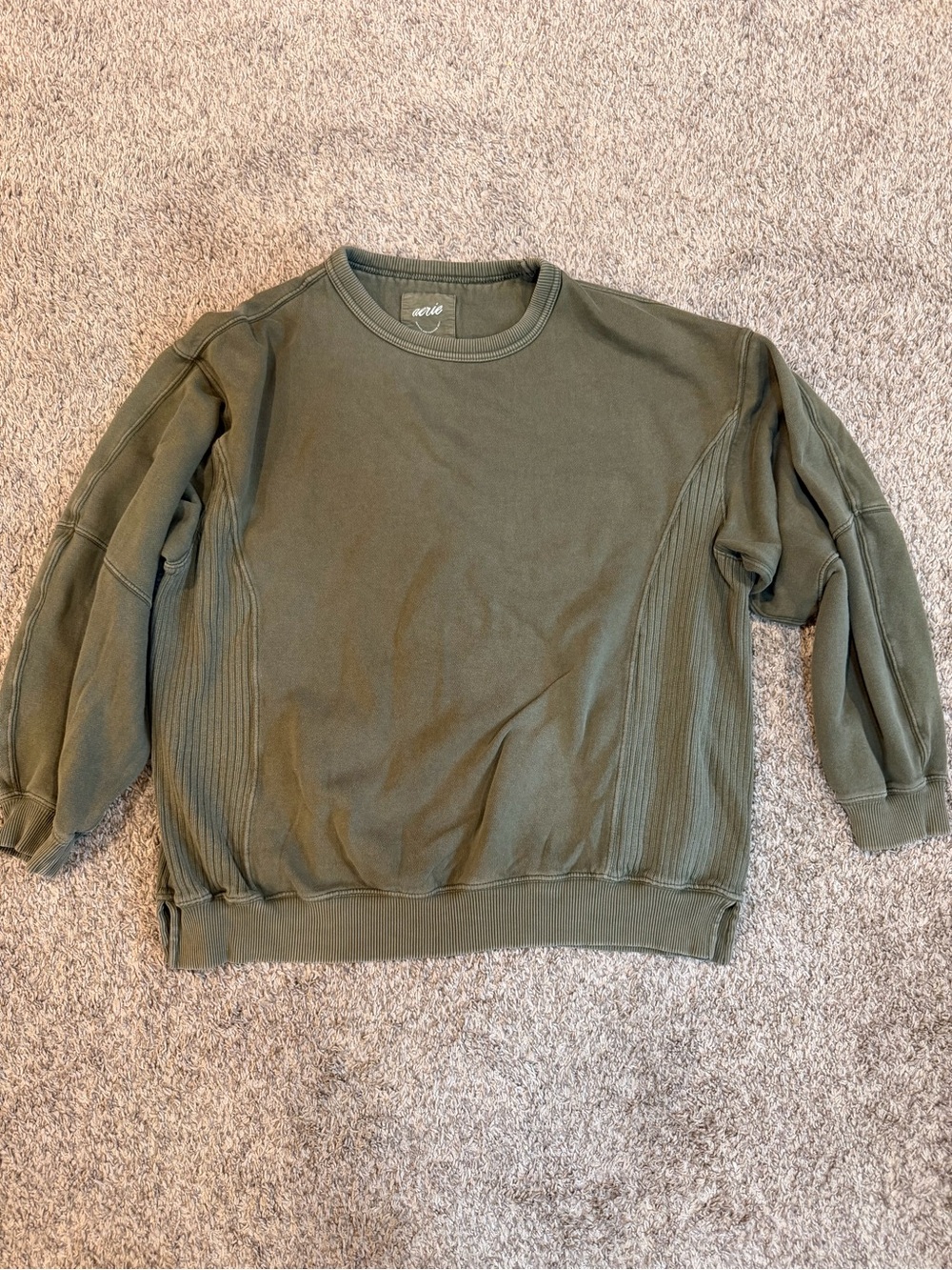 aerie Olive Crewneck Sweater with Ribbed Panels